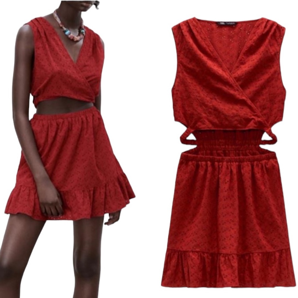 Zara Eyelet Openwork Mini Dress in Terracotta